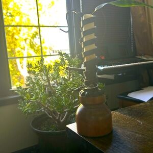 Antique wood and black iron candle stick holder felt bottom